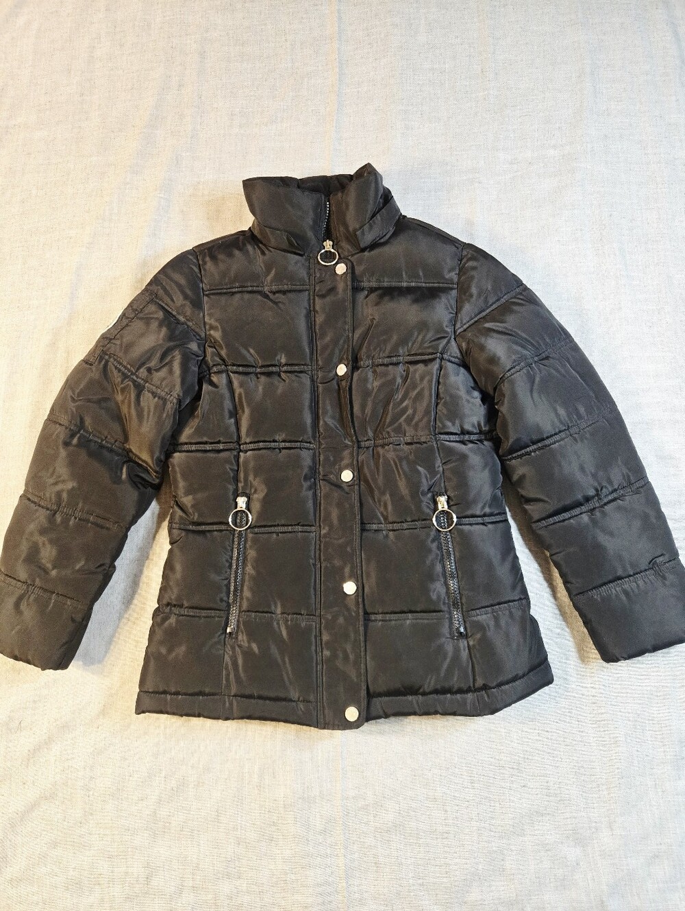 Madden NYC Girls Medium 10/12 Black Puffer Jacket Zip Pocket Arm Patch Coat
